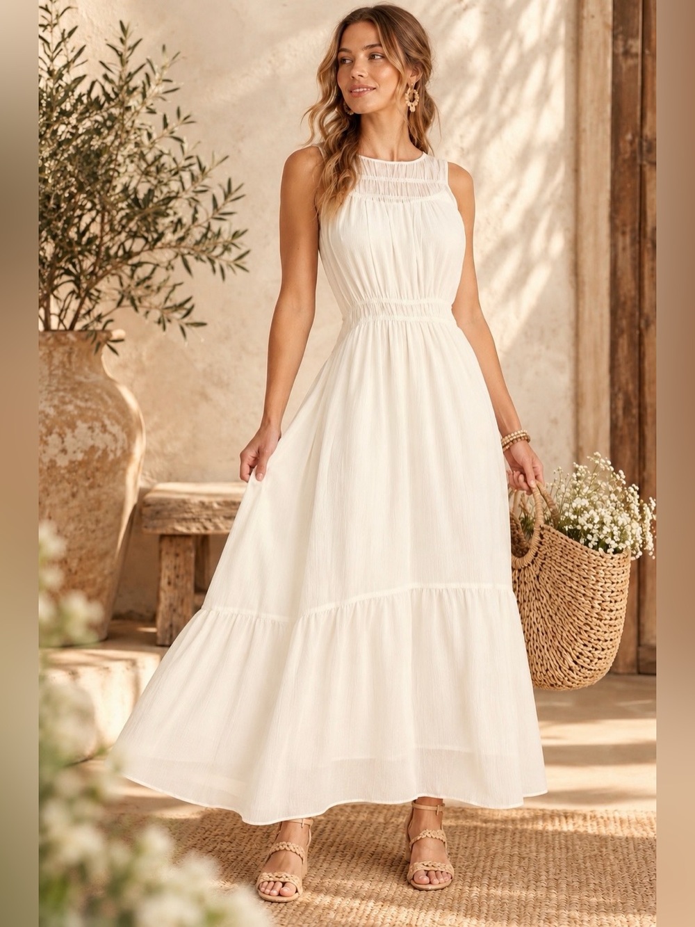 A New Day NWT Cream Smocked Maxi Dress Cottagecore Boho Peasant M
